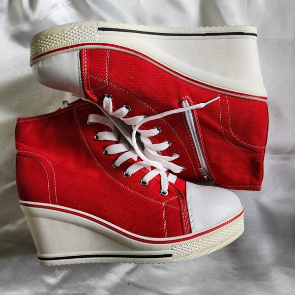 Red Wedge Heel Canvas Sneakers - Picture 3 of 6